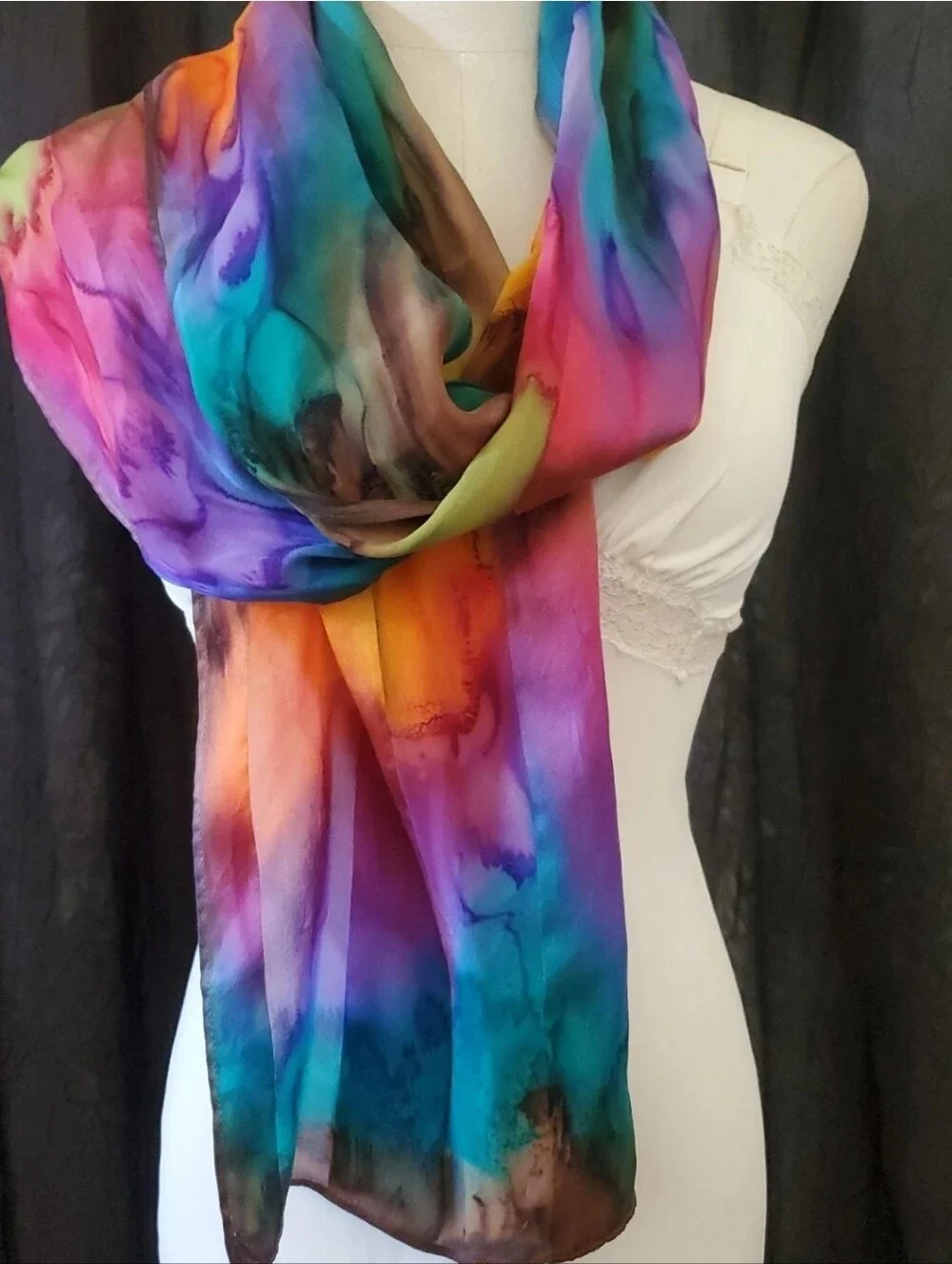 Vintage 100% Silk Scarf Oblong Vibrant Watercolor Rainbow Tie Dye Wrap Shawl